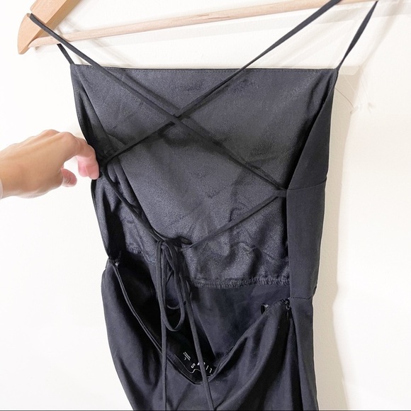 Lioness Black Linen Blend Square-neck Strappy Back Ruched Vivien Dress Large - Picture 9 of 9